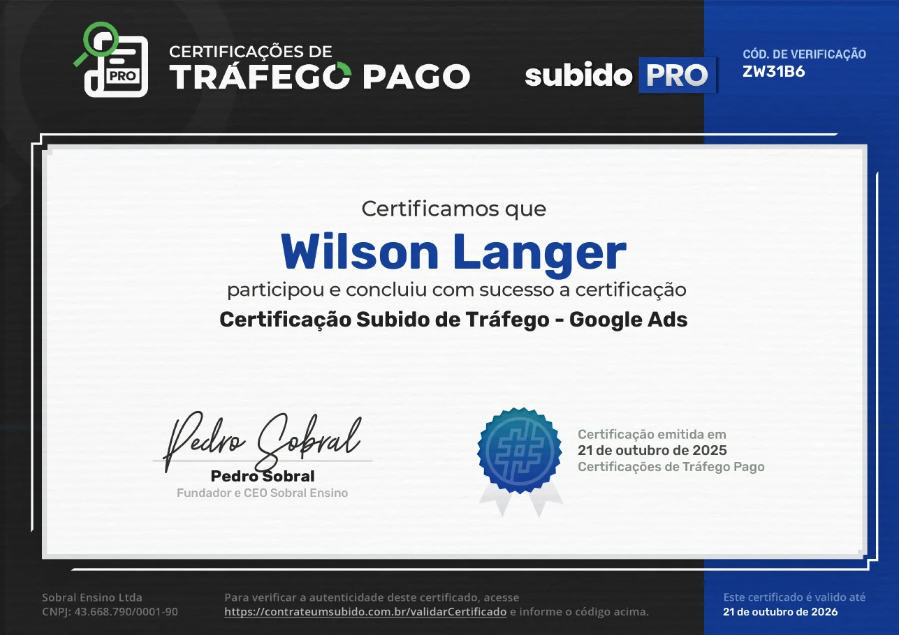 Certificado Subido de Tráfego Google Ads emitido para Wilson Langer